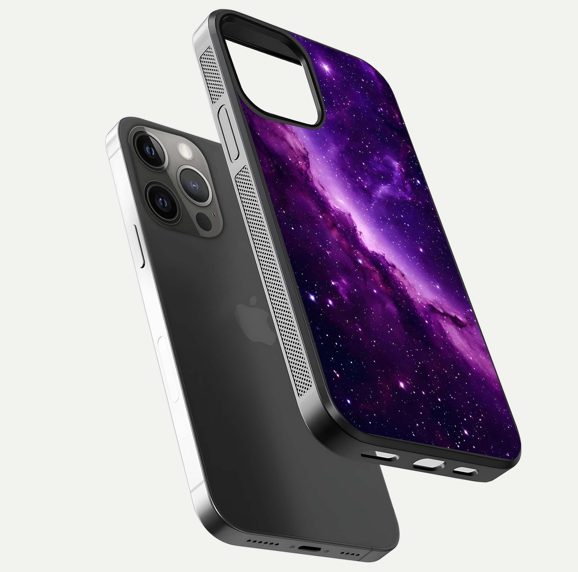 Purple Shade Sky Glass Case for iPhone 12 Pro Max floating dual-view mockup displaying gloss and sky theme