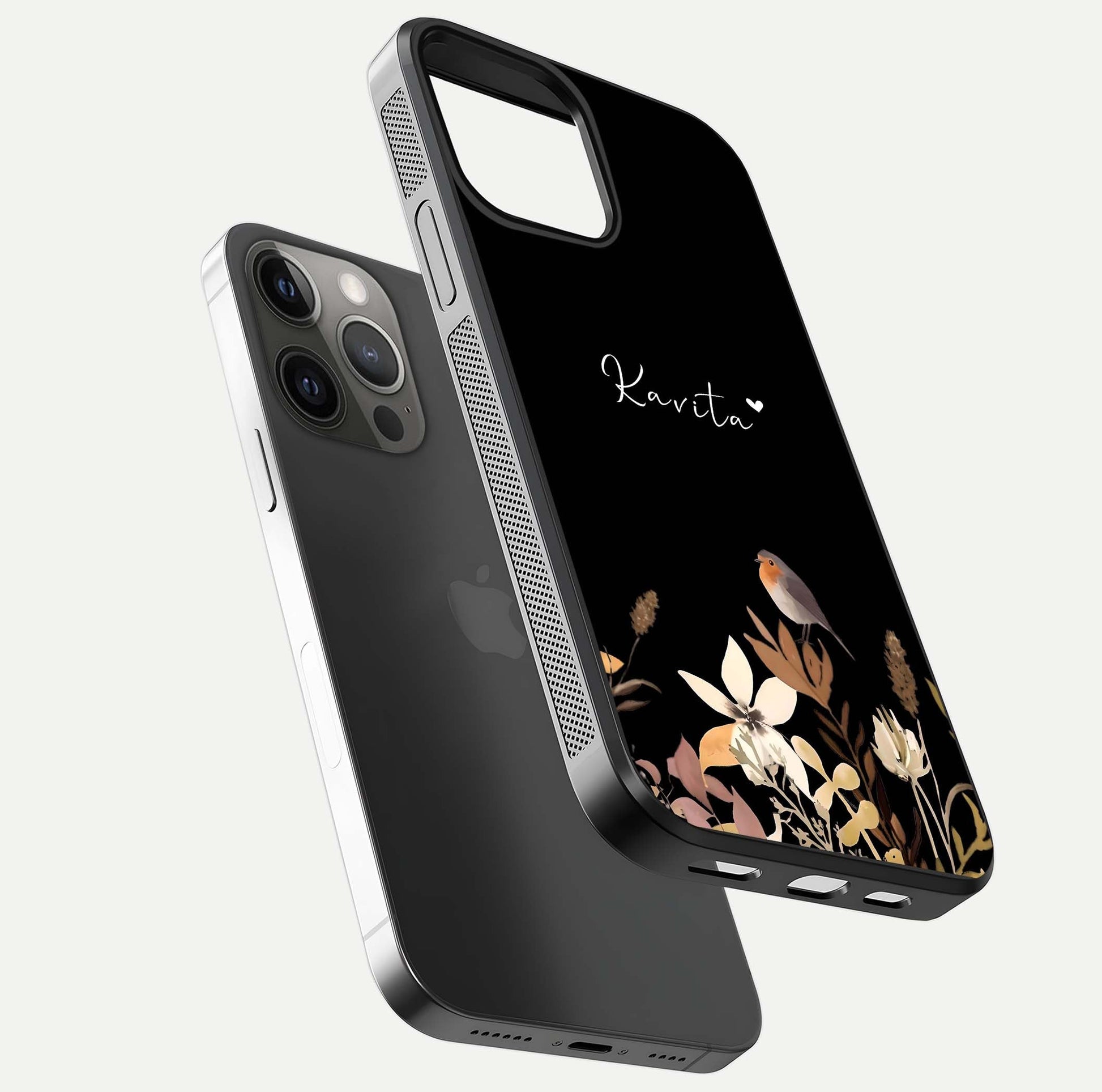 Quiet Garden Tune Custom Name Glass Case for iPhone 12 Pro Max floating dual-view mockup showing gloss and elegant detail