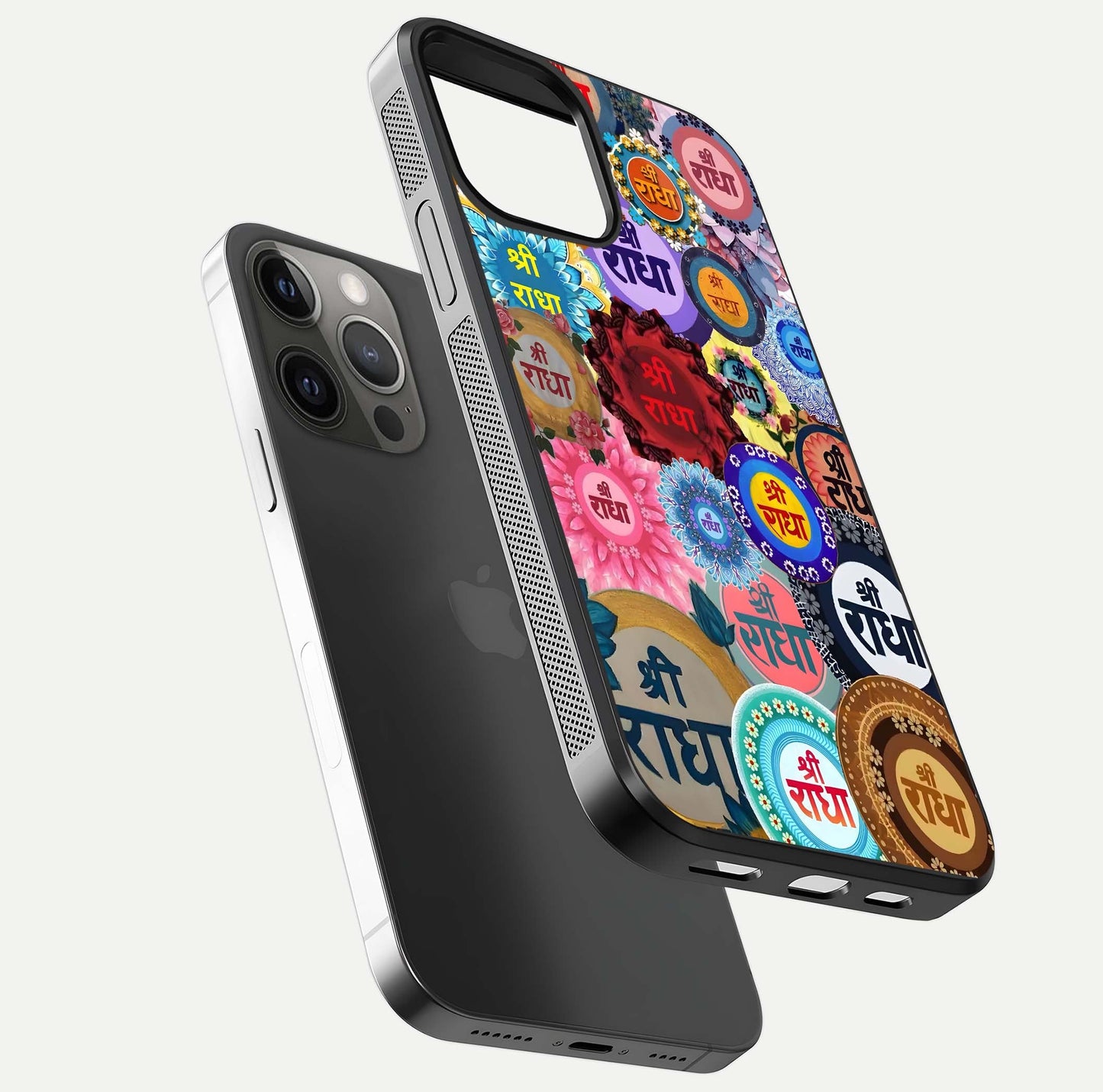 Radha Divine Bloom Glass Case for iPhone 12 Pro Max floating dual-view mockup showing gloss depth and HD art