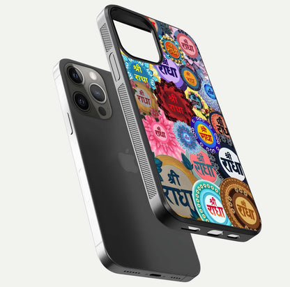 Radha Divine Bloom Glass Case for iPhone 12 Pro Max floating dual-view mockup showing gloss depth and HD art