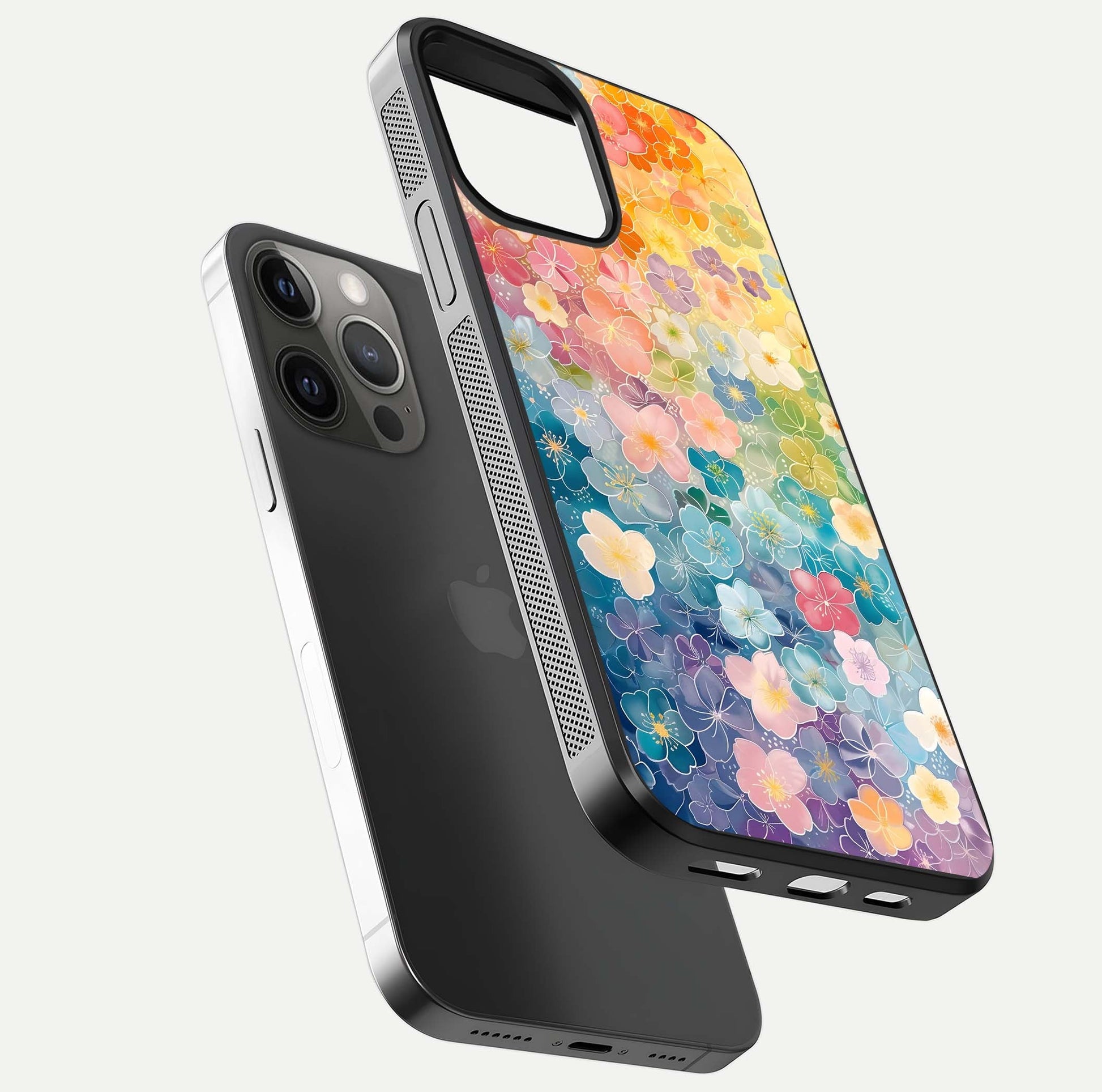 Rainbow Blossom Burst Glass Case for iPhone 12 Pro Max floating dual-view mockup displaying gloss and gradient pattern