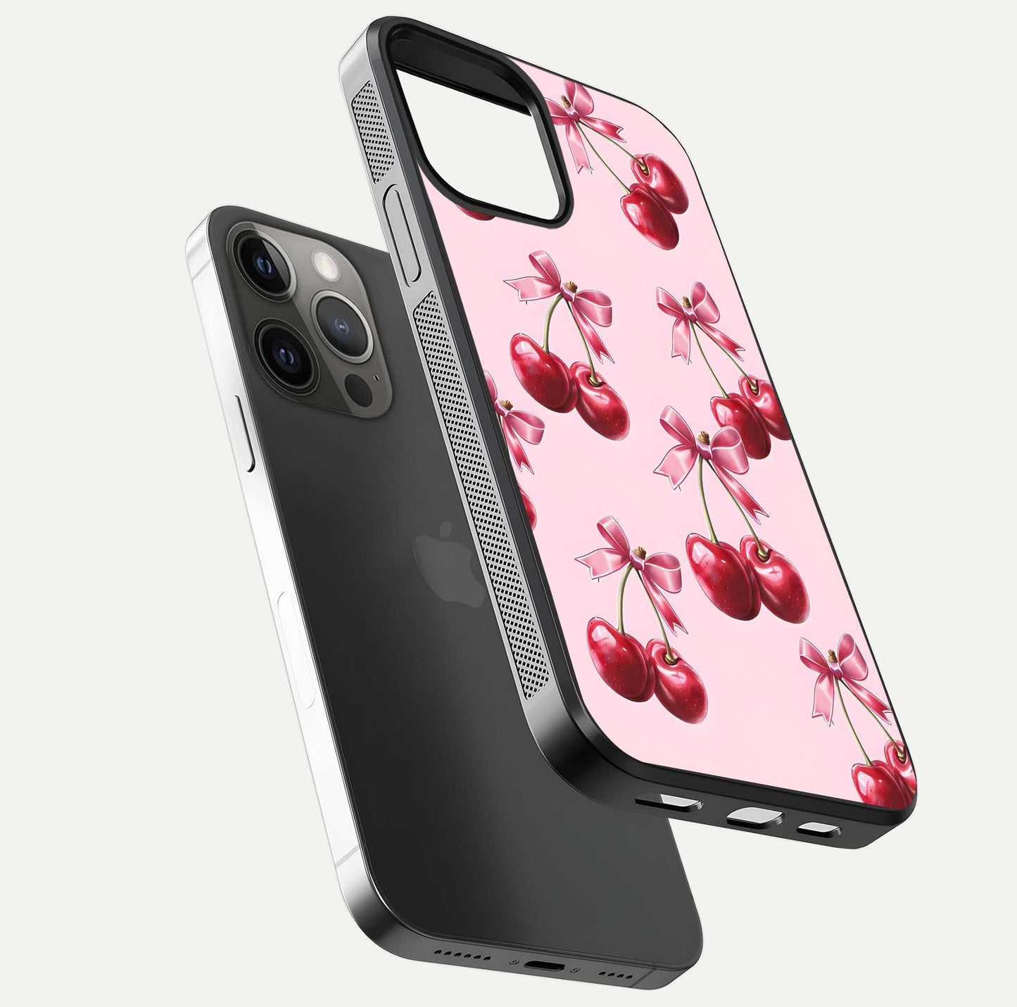 Red Bloom Skies Glass Case for iPhone 12 Pro Max floating dual-view mockup showing glass gloss and floral pattern