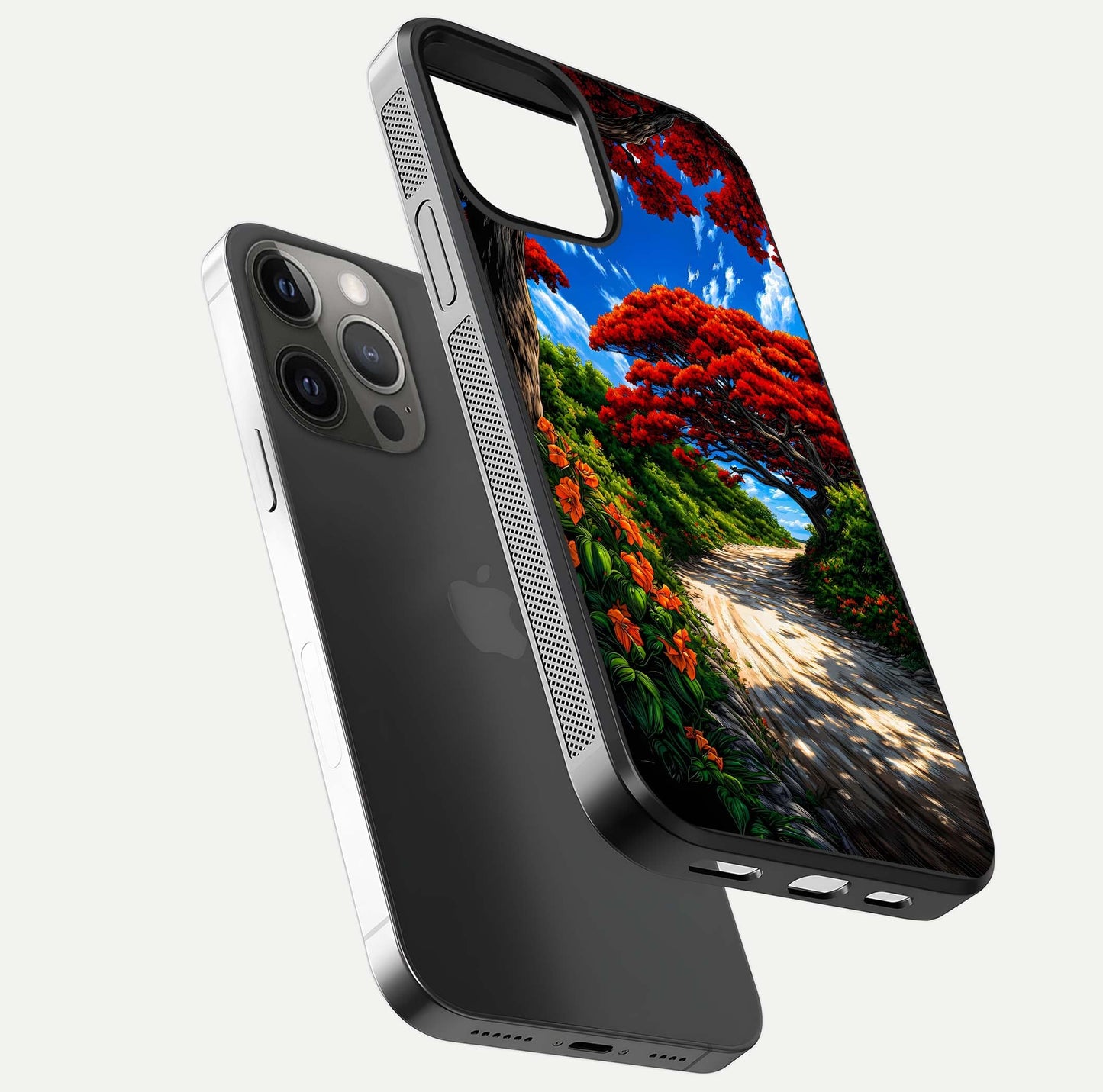 Red Eyes Pattern Glass Case for iPhone 12 Pro Max floating dual-view mockup displaying reflection and gloss texture