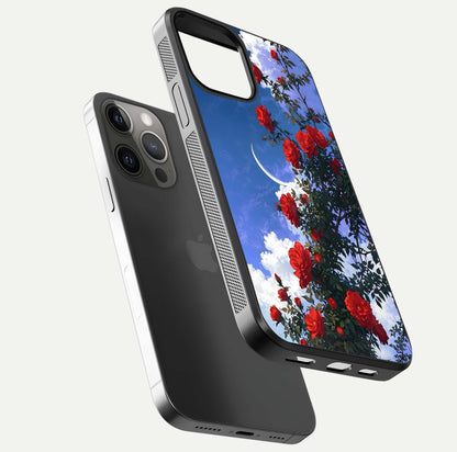 Rose Drift Flowers Glass Case for iPhone 12 Pro Max floating dual-view mockup showing gloss shine and floral tone