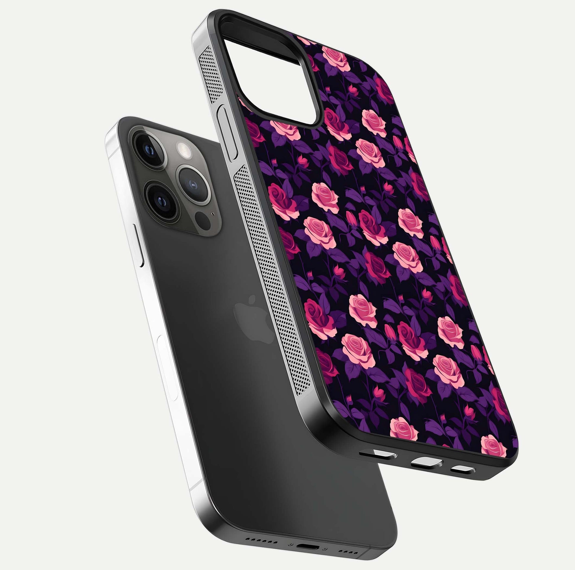 Rose Garden Twilight Glass Case for iPhone 12 Pro Max floating dual-view mockup displaying gloss surface and depth
