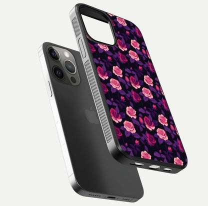 Rose Garden Twilight Glass Case for iPhone 12 Pro Max floating dual-view mockup displaying gloss surface and depth