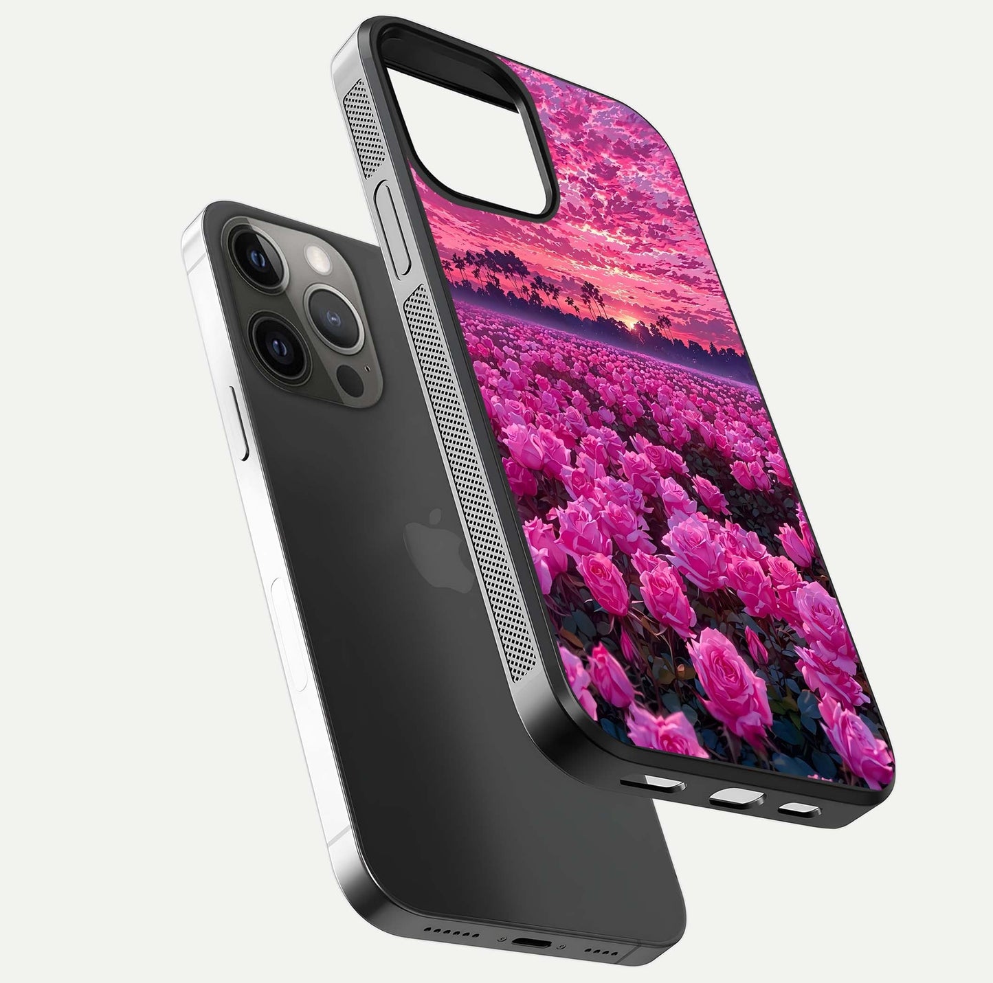 Rose Sunset Valley Glass Case for iPhone 12 Pro Max floating dual-view mockup showing gloss reflection and art depth