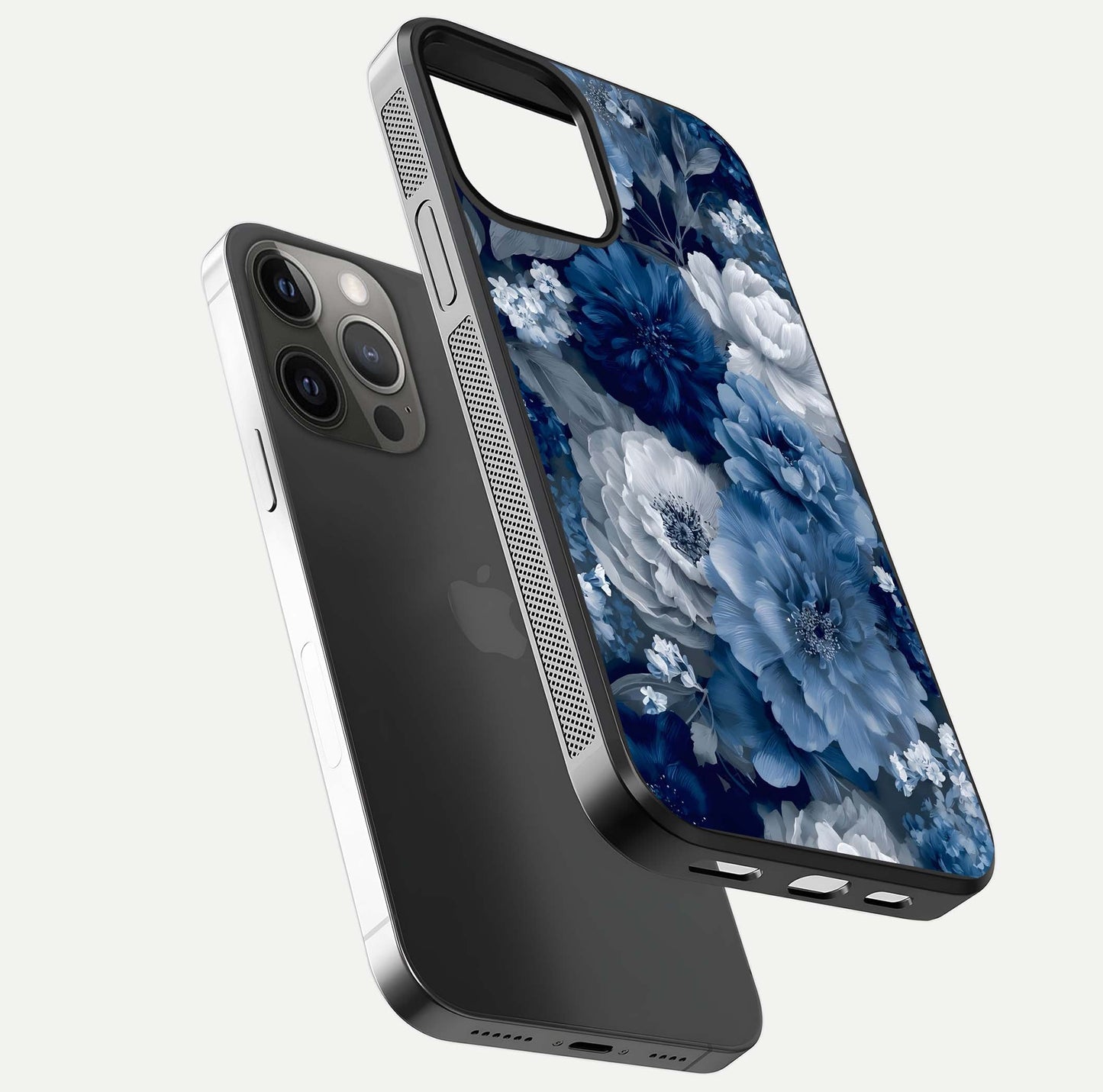 Royal Bloom Garden Glass Case for iPhone 12 Pro Max floating dual-view mockup displaying gloss and print clarity