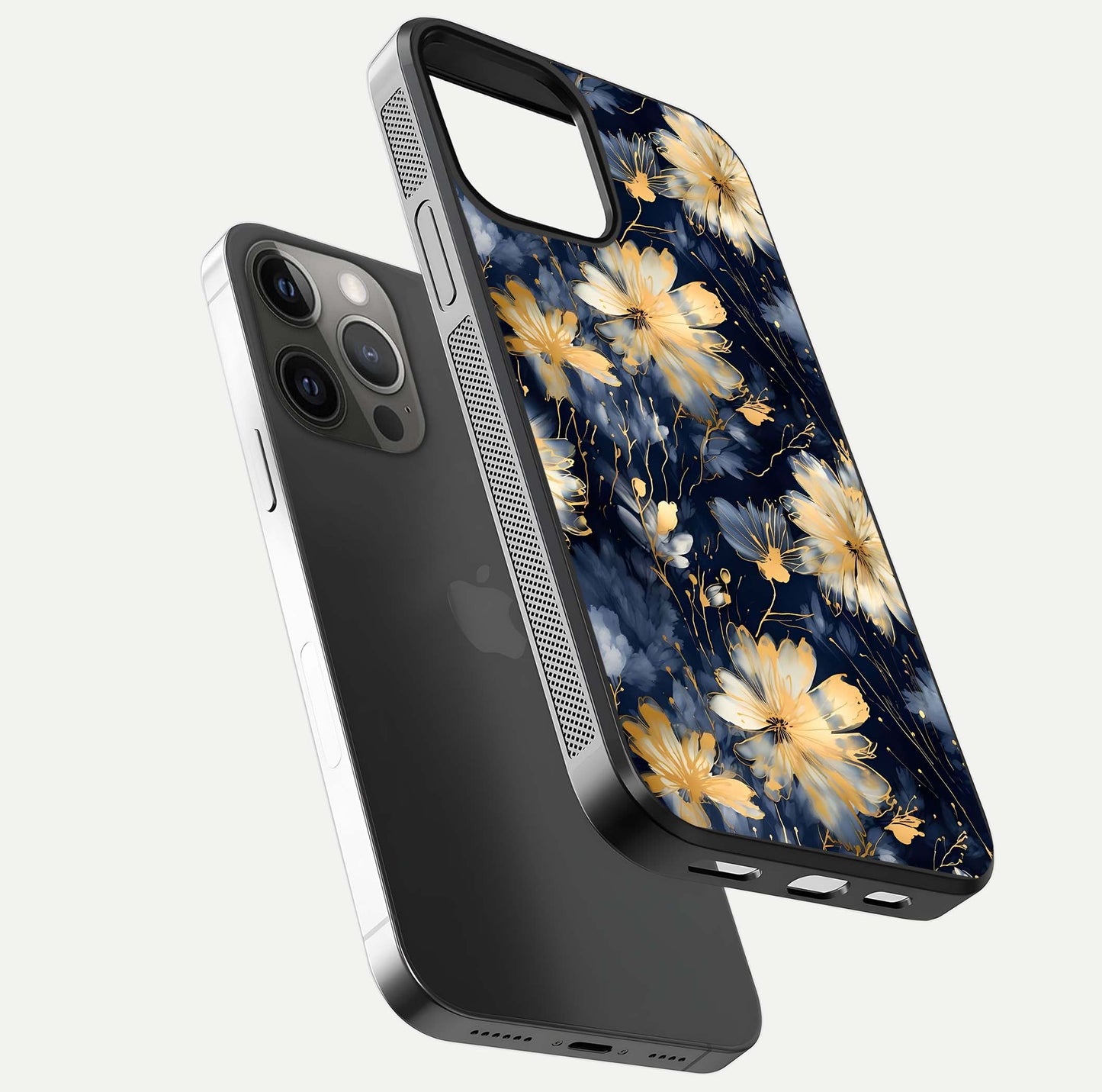 Royal Petal Dream Glass Case for iPhone 12 Pro Max floating dual-view mockup displaying gloss reflection and tone contrast