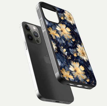 Royal Petal Dream Glass Case for iPhone 12 Pro Max floating dual-view mockup displaying gloss reflection and tone contrast