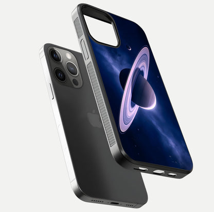 Saturn Ring Mystique Glass Case for iPhone 12 Pro Max floating dual-view mockup showing gloss finish and star detail