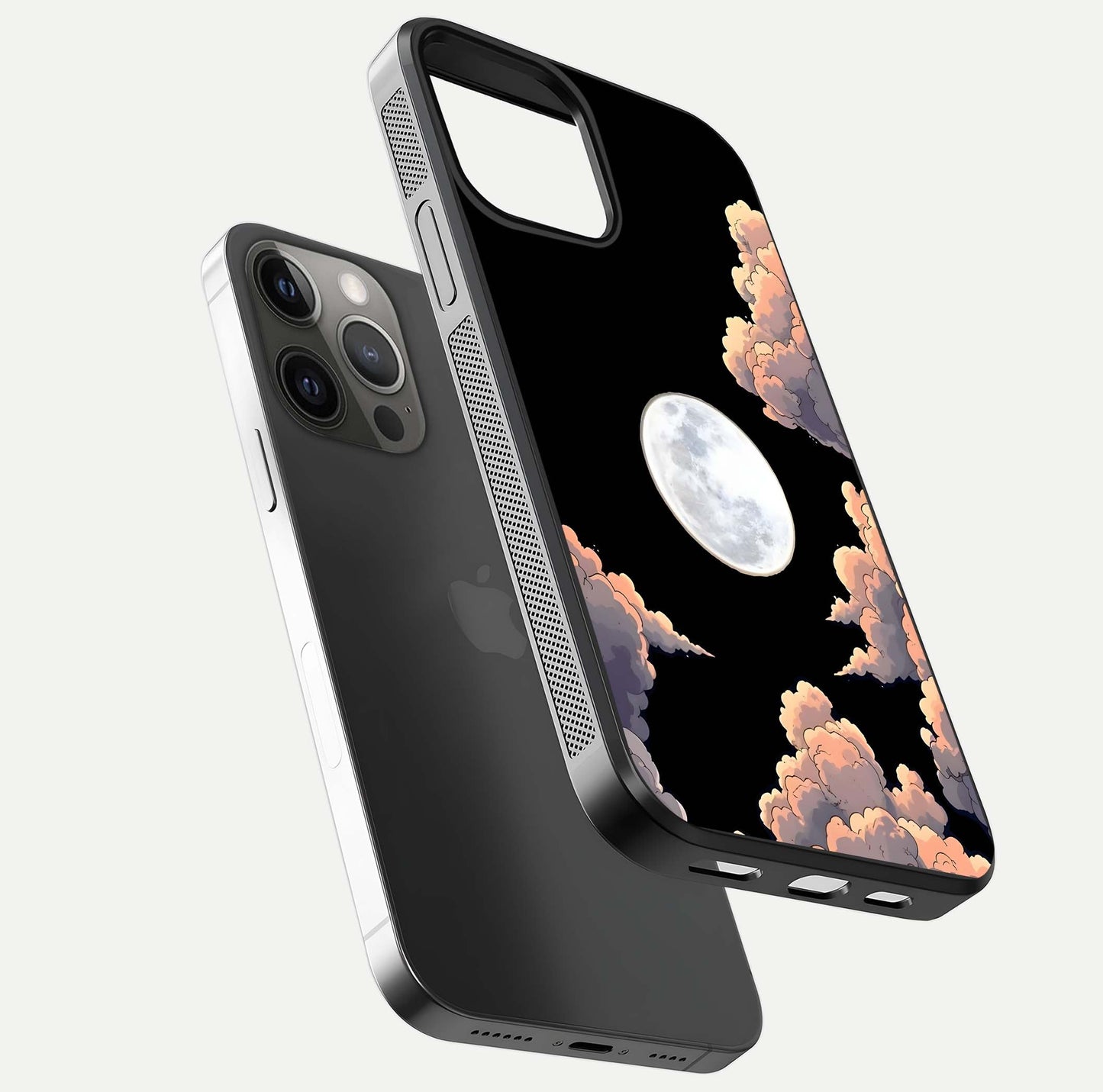 Shade Cloud Moon Glass Case for iPhone 12 Pro Max floating dual-view mockup showing gloss and celestial texture