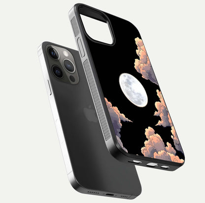 Shade Cloud Moon Glass Case for iPhone 12 Pro Max floating dual-view mockup showing gloss and celestial texture