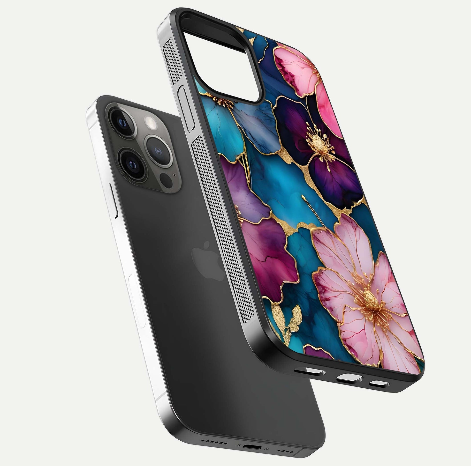 Sparkle Floral Glass Case for iPhone 12 Pro Max floating dual-view mockup displaying gloss surface and sparkle effect