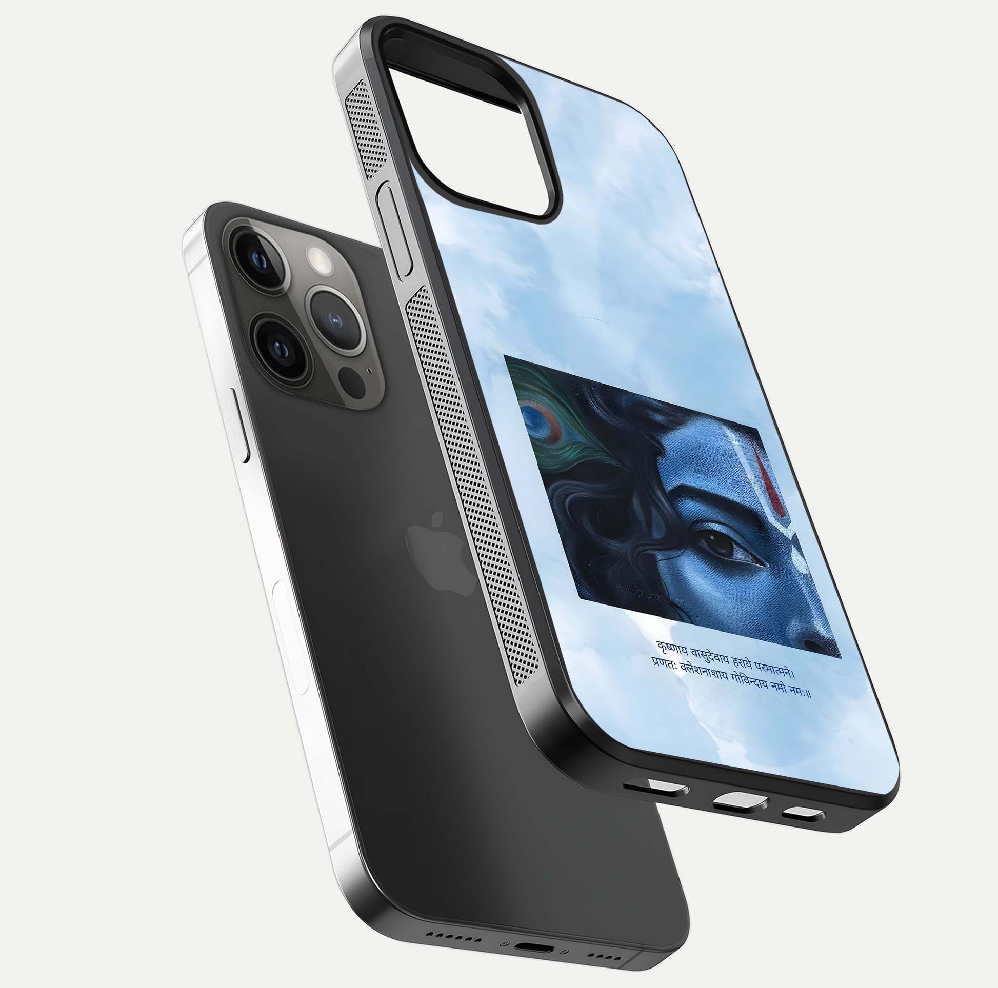 Spiritual Krishna Glass Case for iPhone 12 Pro Max floating dual-view mockup displaying gloss shine and divine detail