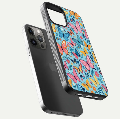 Spring Wing Garden Glass Case for iPhone 12 Pro Max floating dual-view mockup showing gloss texture and vivid print