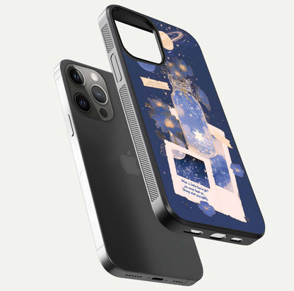 Starlit Cosmic Jar Glass Case for iPhone 12 Pro Max floating dual-view mockup displaying gloss and starry depth