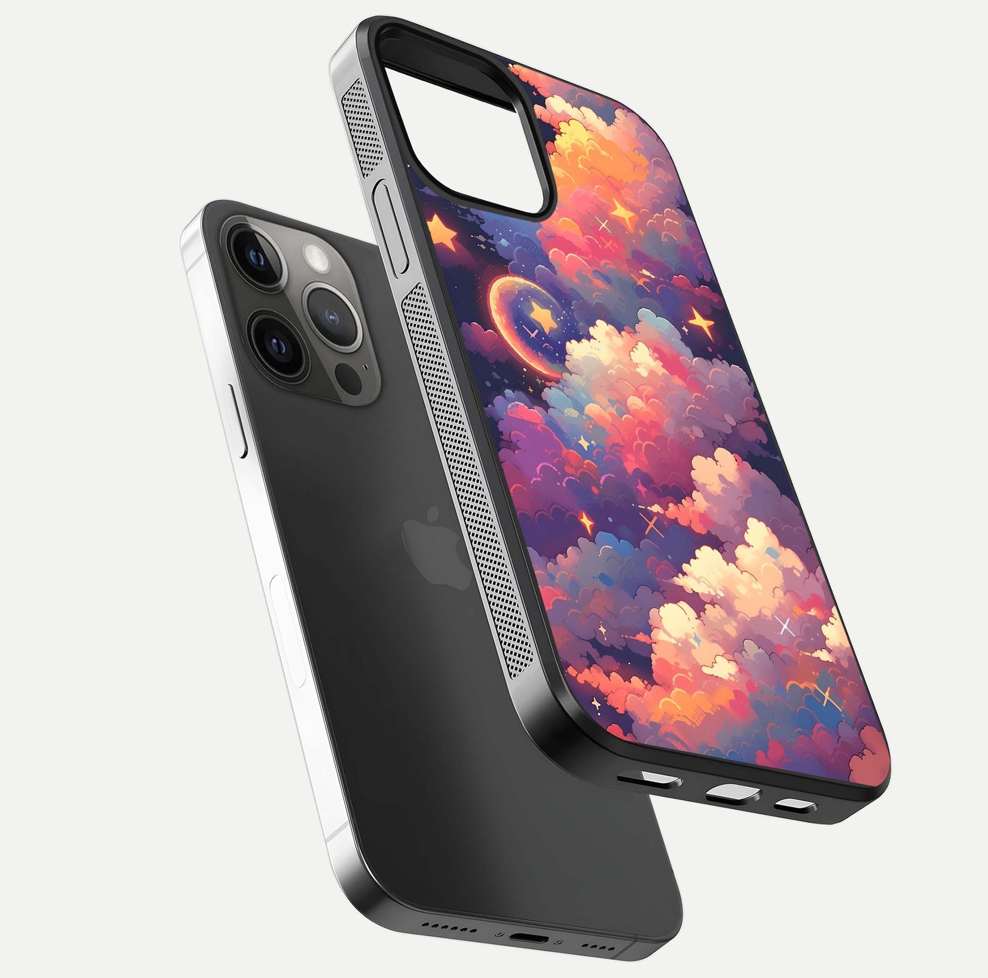 Starlit Dream Clouds Glass Case for iPhone 12 Pro Max floating dual-view mockup displaying gloss and soft light detail