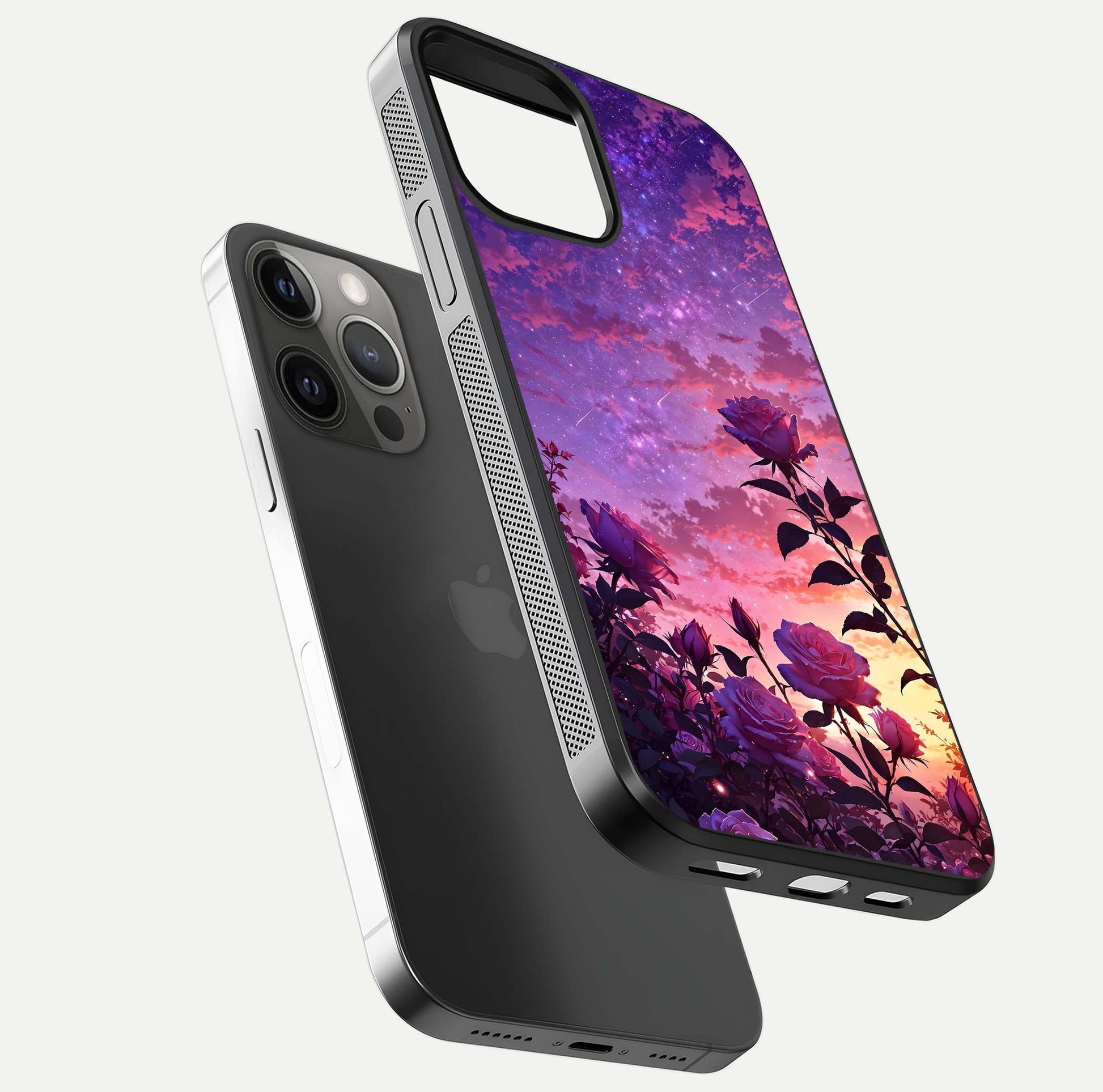 Starlit Rose Twilight Glass Case for iPhone 12 Pro Max floating dual-view mockup displaying gloss shine and depth