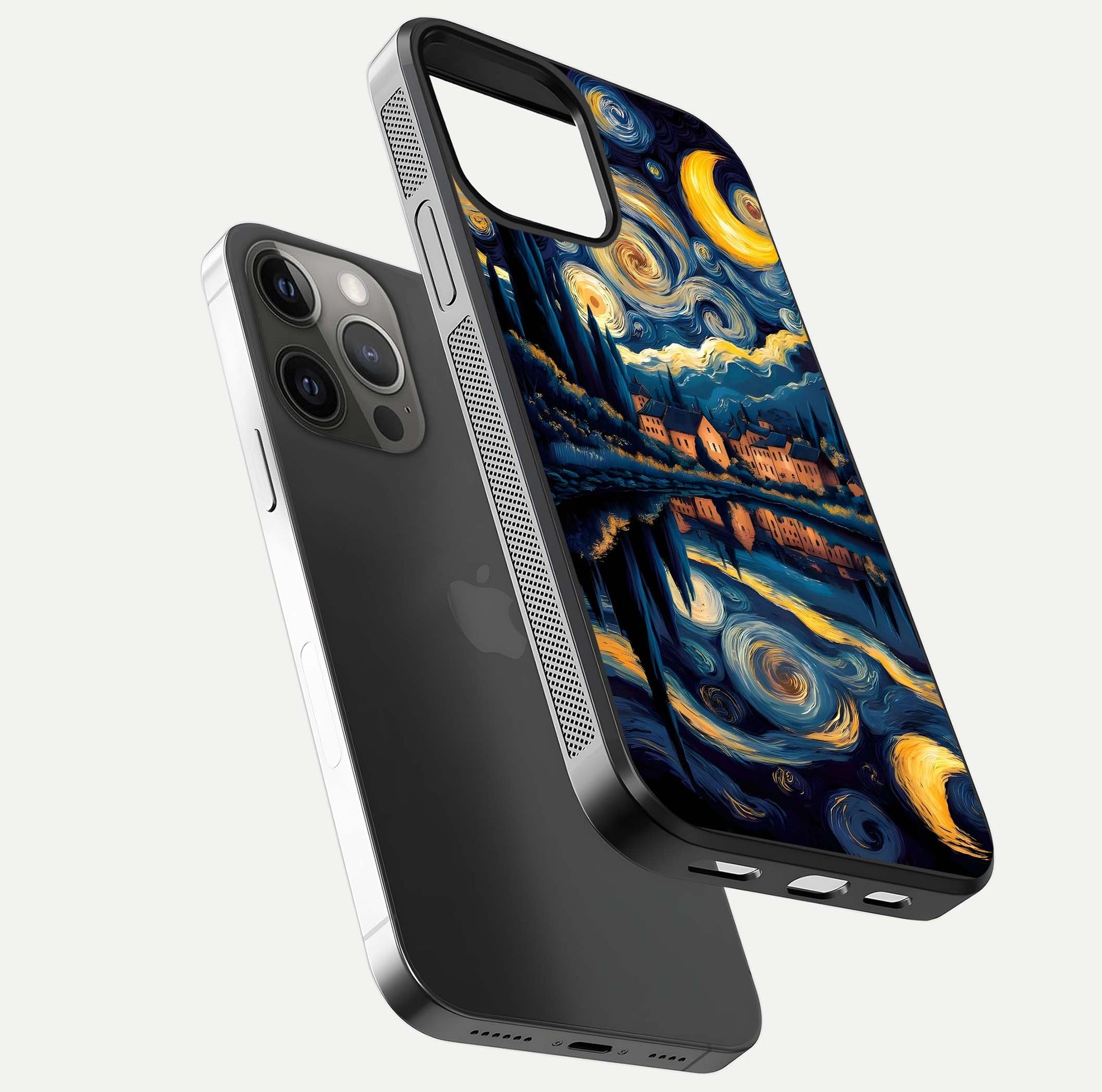 Starry Sky Serenity Glass Case for iPhone 12 Pro Max floating dual-view mockup displaying gloss texture and shine