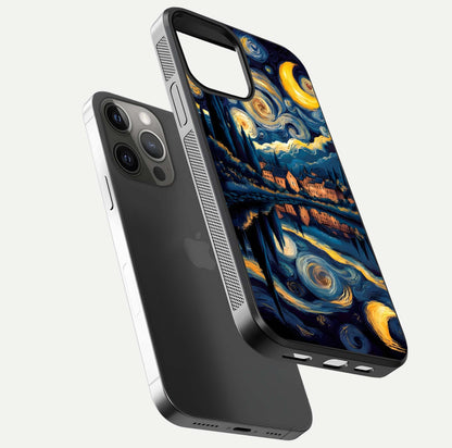 Starry Sky Serenity Glass Case for iPhone 12 Pro Max floating dual-view mockup displaying gloss texture and shine