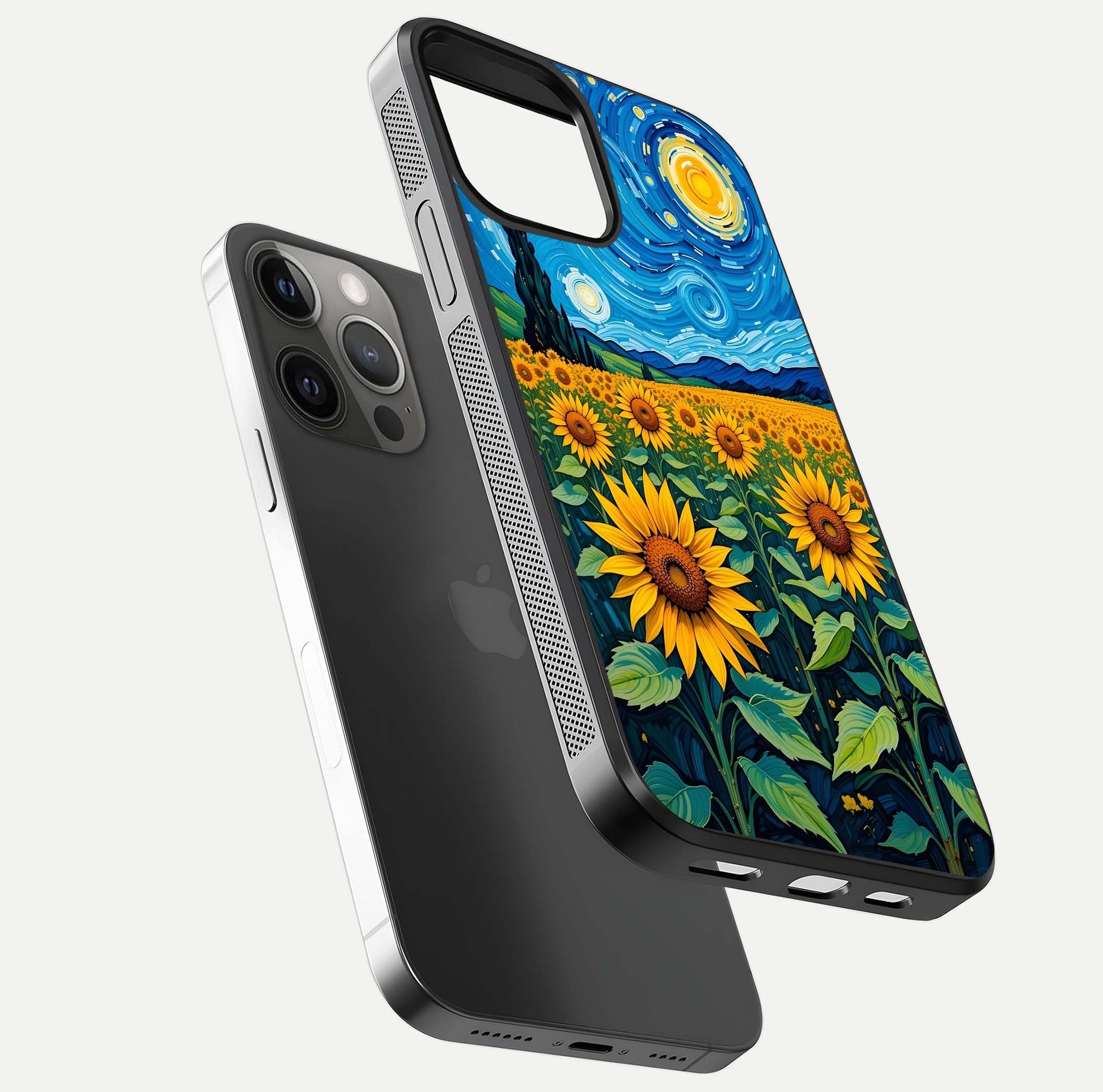 Starry Sunflower Dreams Glass Case for iPhone 12 Pro Max floating dual-view mockup displaying gloss and vivid print