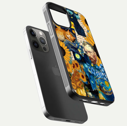 Sunflower Cat Art Glass Case for iPhone 12 Pro Max floating dual-view mockup displaying gloss shine and HD art print
