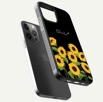 Sunflower Chic Mood Custom Name Glass Case for iPhone 12 Pro Max floating dual-view mockup displaying gloss texture and detail