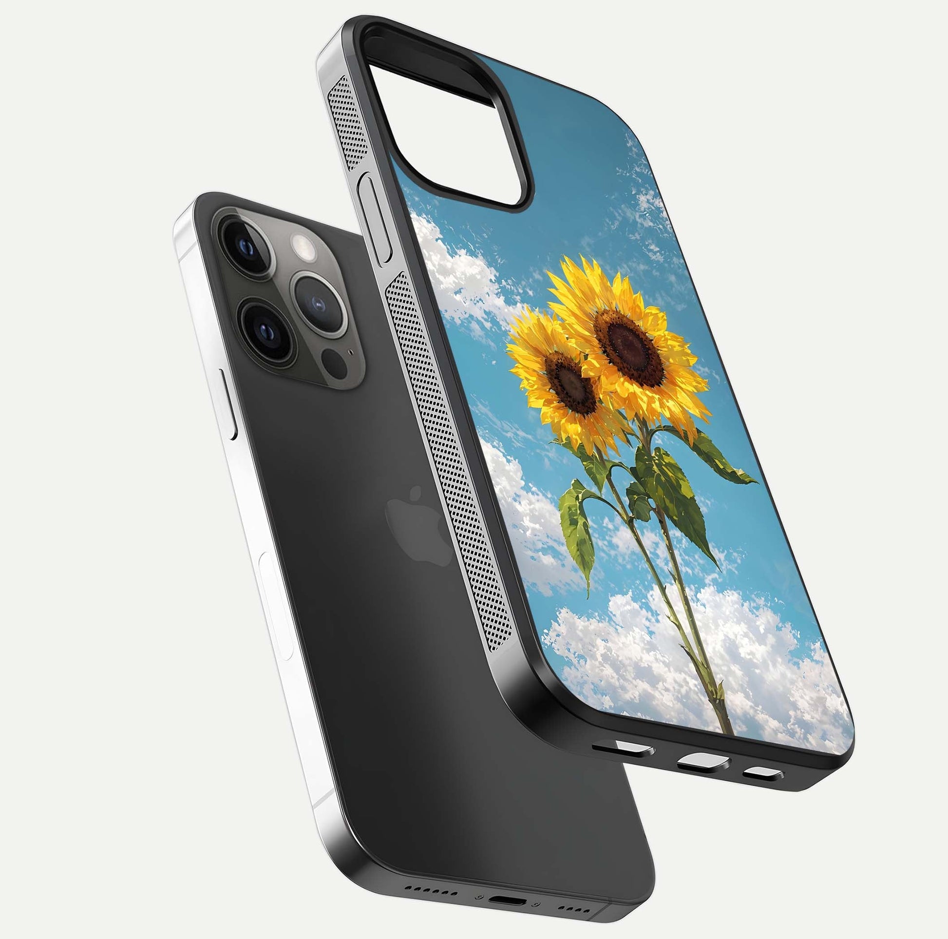 Sunflower Sky Bloom Glass Case for iPhone 12 Pro Max floating dual-view mockup displaying gloss shine and vibrant texture