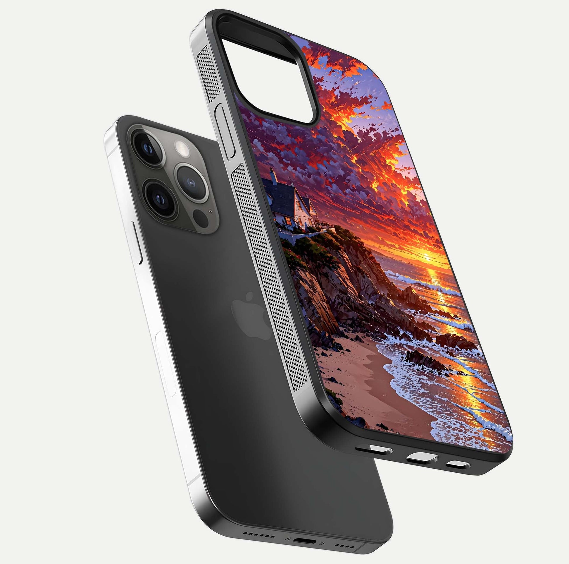 Sunset House by Sea Glass Case for iPhone 12 Pro Max floating dual-view mockup displaying gloss shine and depth