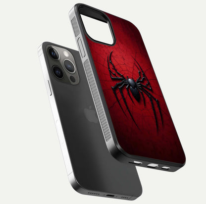 Venom Web Emblem Glass Case for iPhone 12 Pro Max floating dual-view mockup displaying gloss shine and HD print