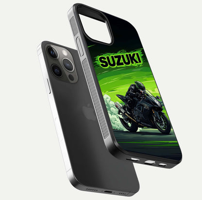 Suzuki Speed Beast Glass Case for iPhone 12 Pro Max floating dual-view mockup displaying gloss texture and shine