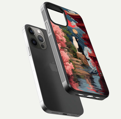 Temple Cat Scenery Glass Case for iPhone 12 Pro Max floating dual-view mockup displaying gloss and depth detail