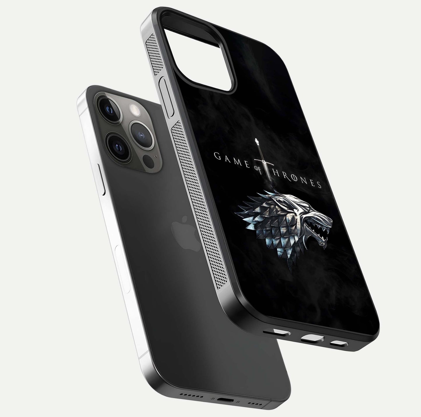 Throne Wolf Legacy Glass Case for iPhone 12 Pro Max floating dual-view mockup displaying gloss depth and wolf artwork
