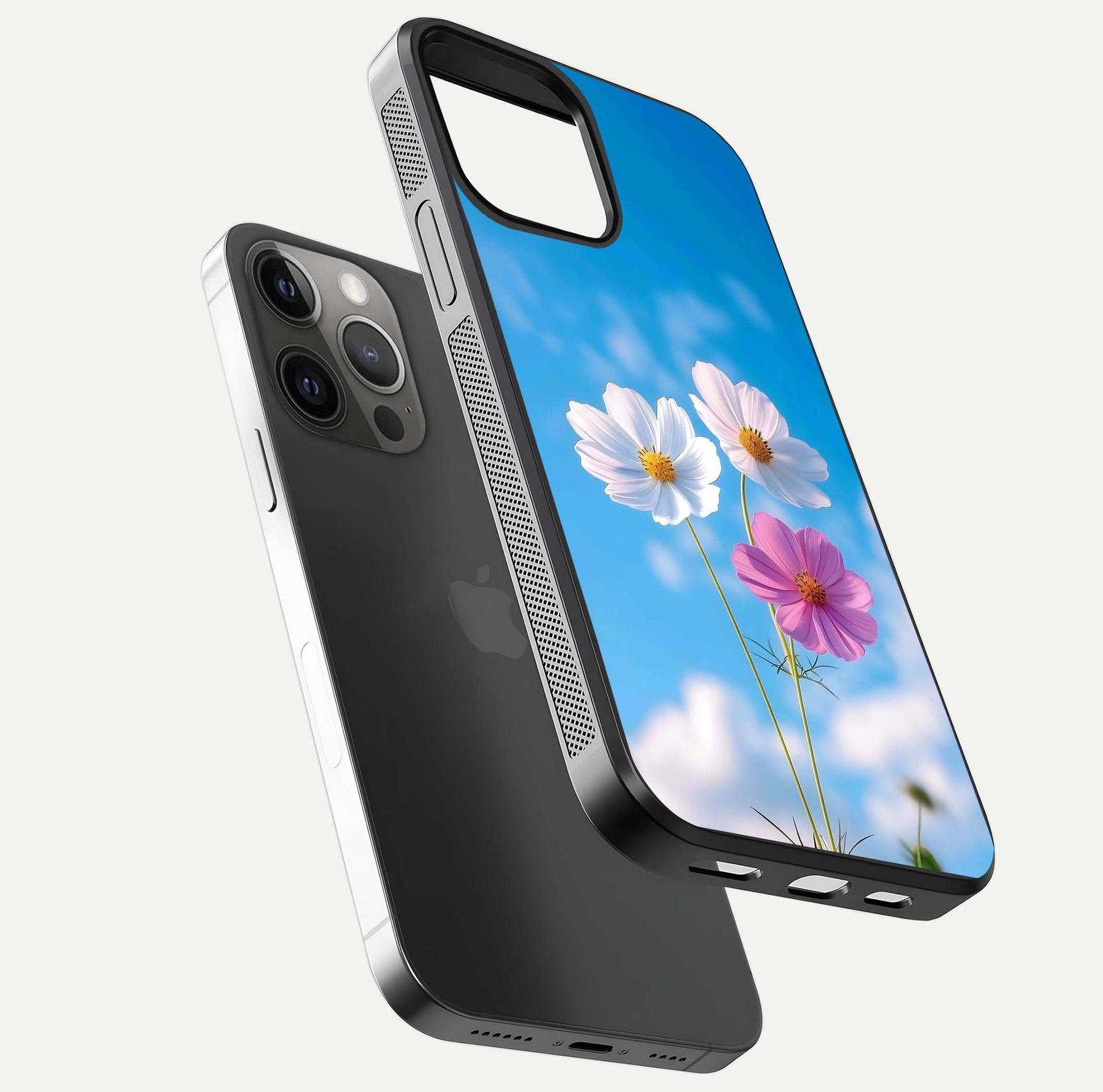 Triple Flowers With Sky Glass Case for iPhone 12 Pro Max floating dual-view mockup displaying gloss and soft hues