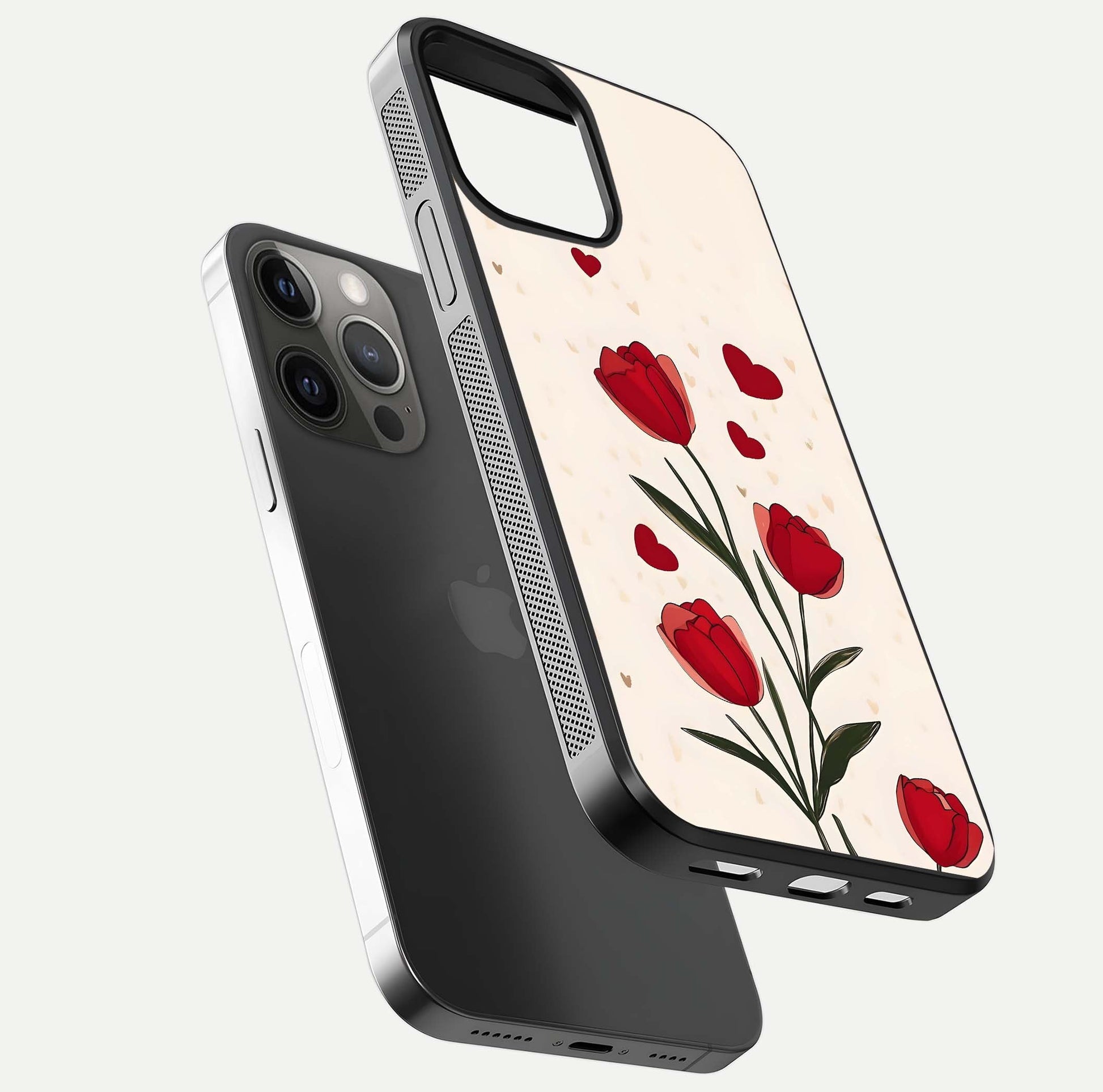 Tulip With Heart Glass Case for iPhone 12 Pro Max floating dual-view mockup displaying gloss texture and shine