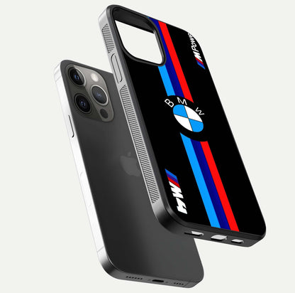 Turbo BMW Beast Glass Case for iPhone 12 Pro Max floating dual-view mockup displaying gloss texture and vivid print