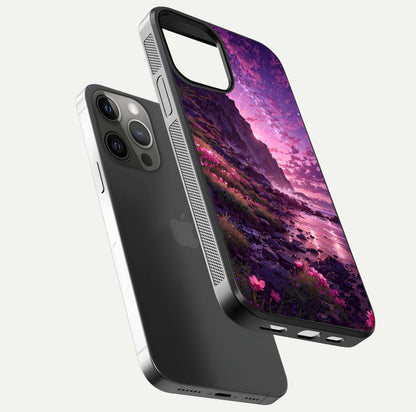 Twilight Blossom Coast Glass Case for iPhone 12 Pro Max floating dual-view mockup displaying gloss surface and detail