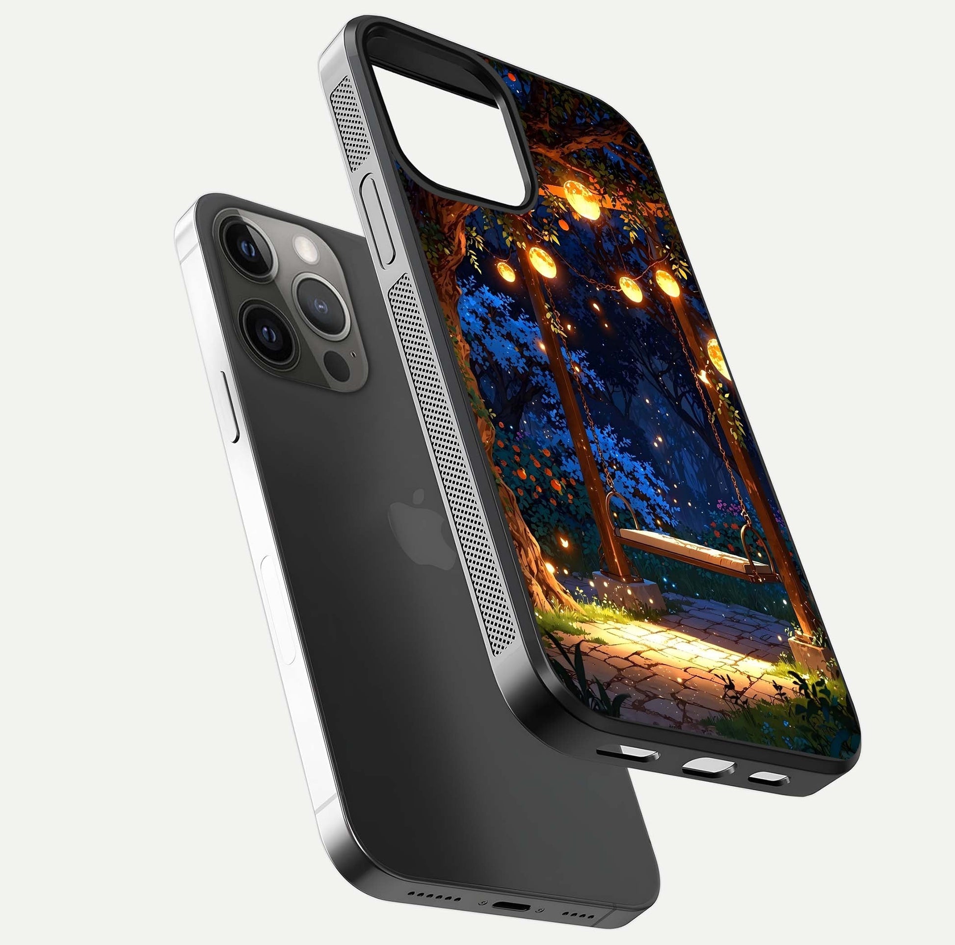 Twilight Garden Swing Glass Case for iPhone 12 Pro Max floating dual-view mockup displaying gloss and tone balance