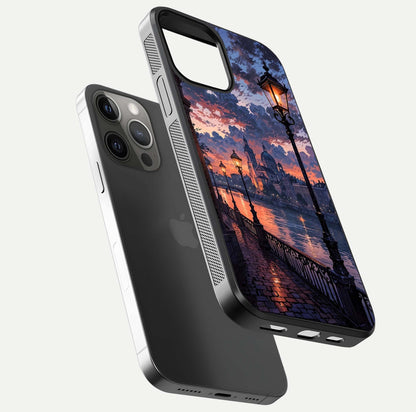 Twilight River Lights Glass Case for iPhone 12 Pro Max floating dual-view mockup displaying gloss shine and vivid details