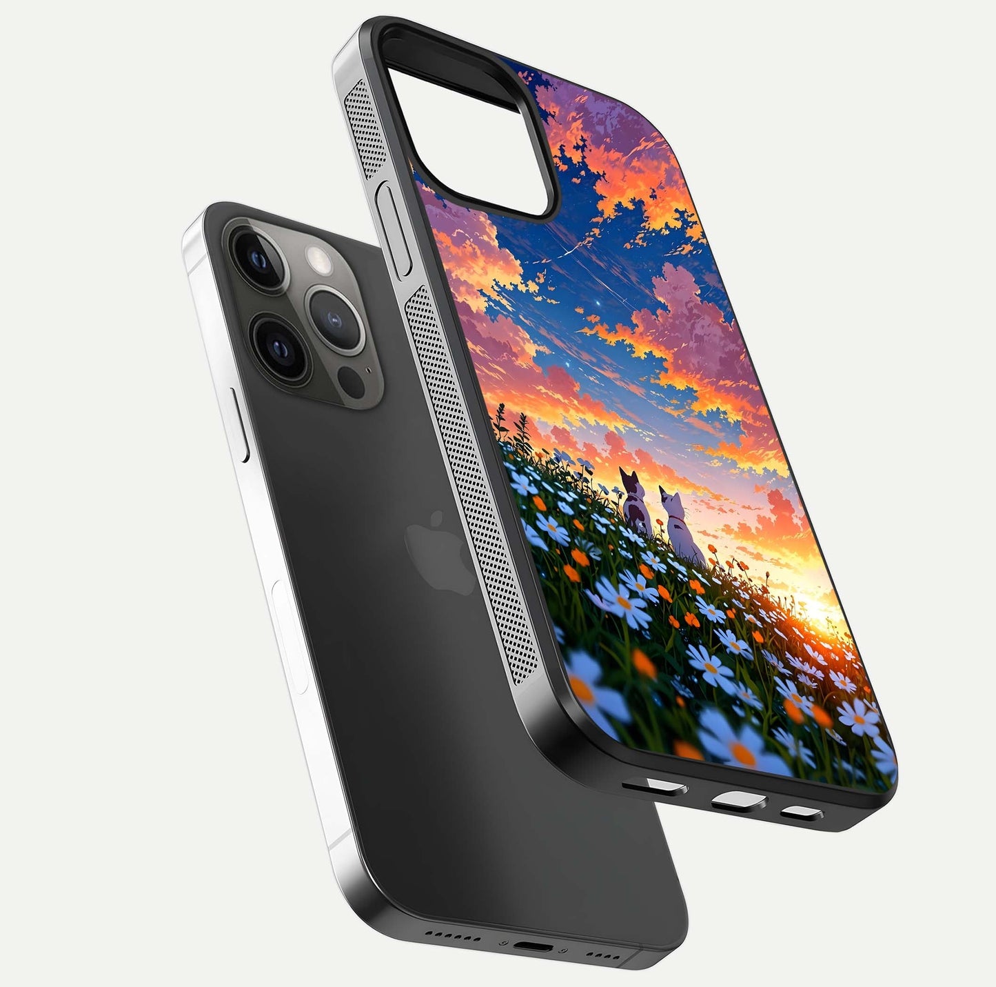 Two Cats Friends Glass Case for iPhone 12 Pro Max floating dual-view mockup displaying gloss surface and HD print