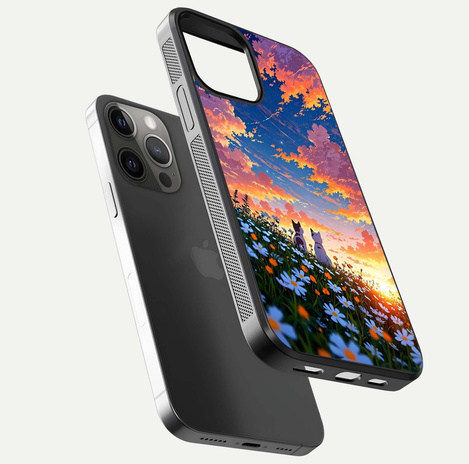 Two Cats Friends Glass Case for iPhone 12 Pro Max floating dual-view mockup displaying gloss surface and HD print