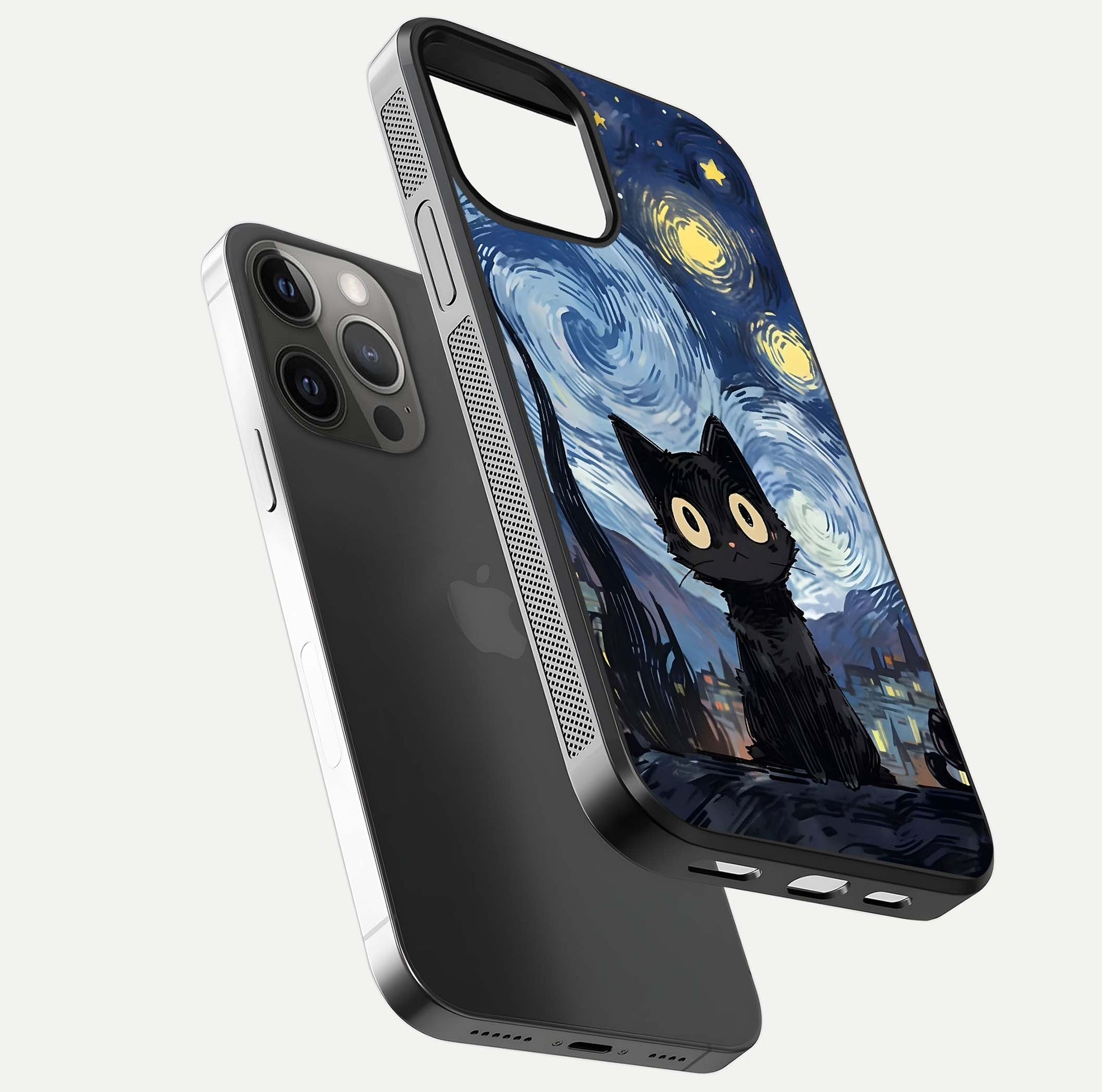 Van Gogh Cat Glass Case for iPhone 12 Pro Max floating dual-view mockup displaying gloss shine and artistic texture