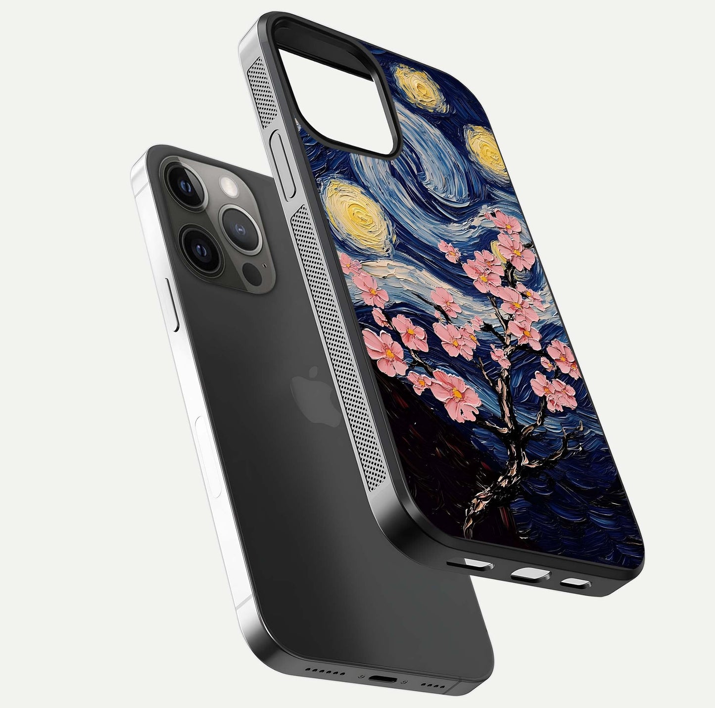 Van Gogh Scenery Glass Case for iPhone 12 Pro Max floating dual-view mockup displaying gloss reflection and HD quality