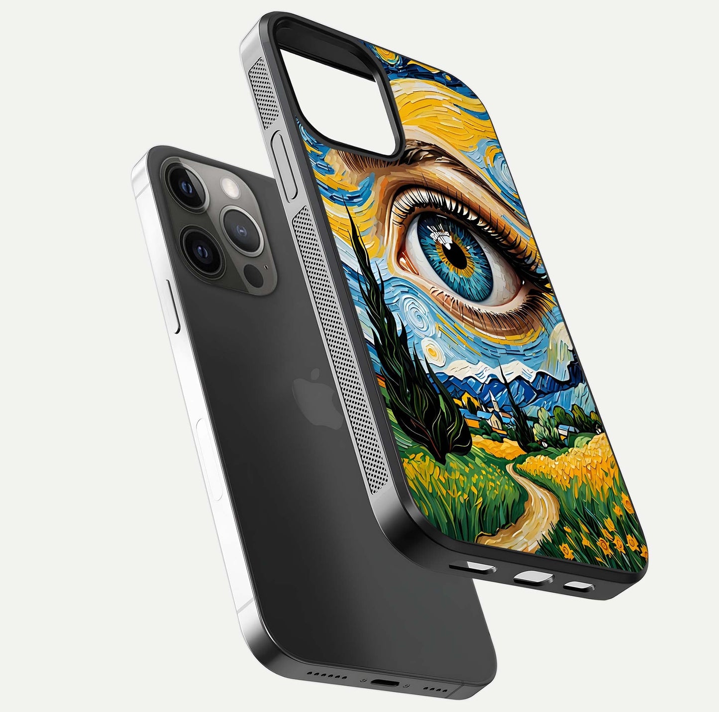 Van Gogh Eye Glass Case for iPhone 12 Pro Max floating dual-view mockup displaying gloss texture and depth