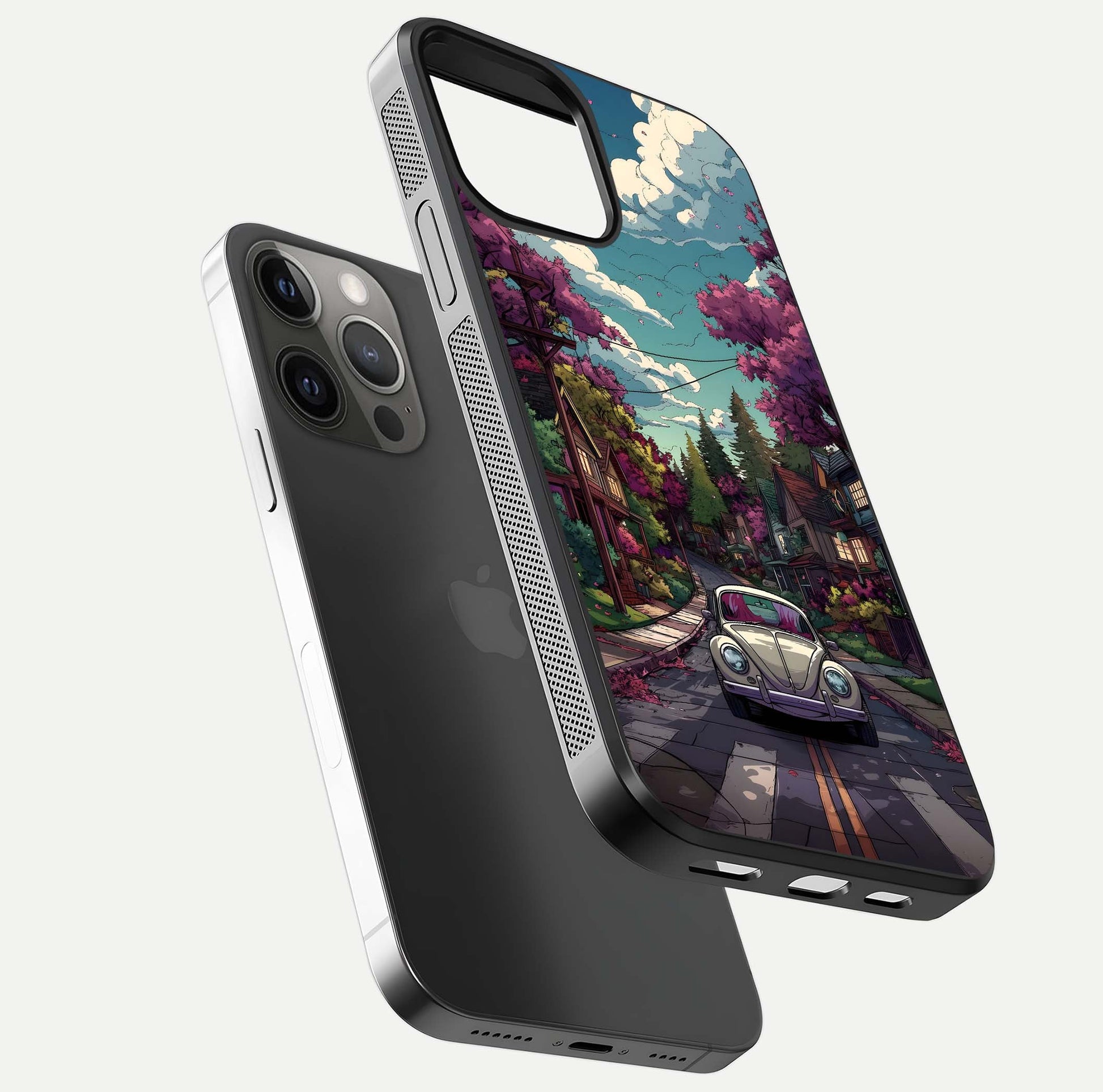 Vintage Street Drive Glass Case for iPhone 12 Pro Max floating dual-view mockup displaying gloss shine and texture
