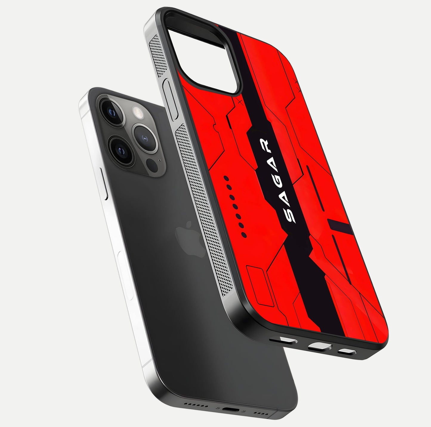 Voltage Rise CYBERPUNK Custom Name Glass Case for iPhone 12 Pro Max floating dual-view mockup displaying gloss shine and lighting