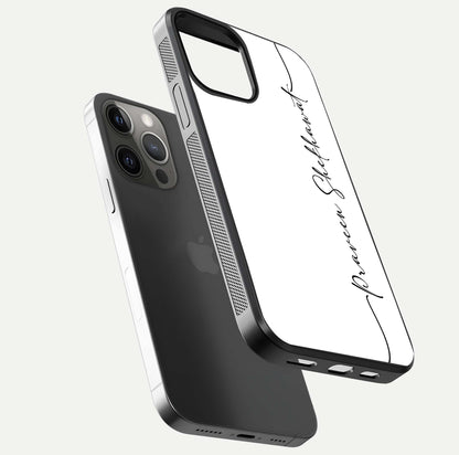 White Tune Custom Name Glass Case for iPhone 12 Pro Max floating dual-view mockup displaying gloss and HD detail