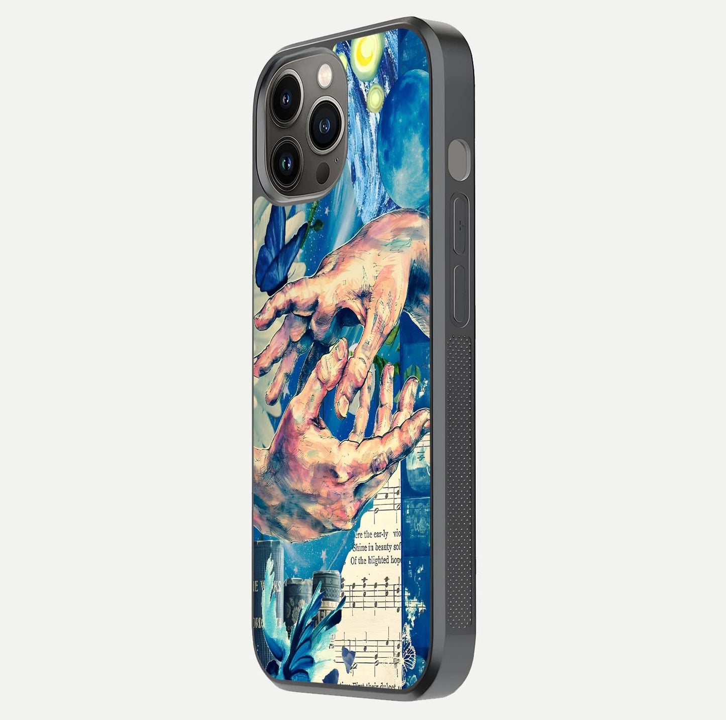 Aesthetic Divider Glass Case for iPhone 12 Pro Max side-angle image showing divider pattern print, camera module, and glossy finish reflection