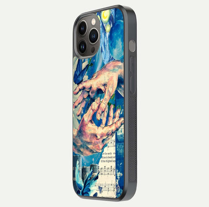 Aesthetic Divider Glass Case for iPhone 12 Pro Max side-angle image showing divider pattern print, camera module, and glossy finish reflection